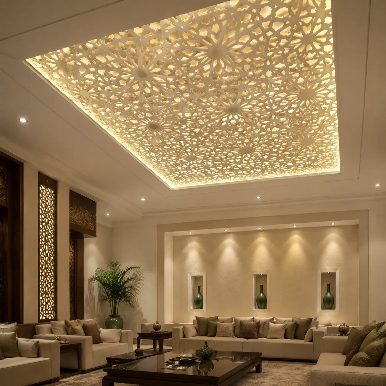 سقف معرق با طرح هندسی و نورپردازی گرم در نشیمن